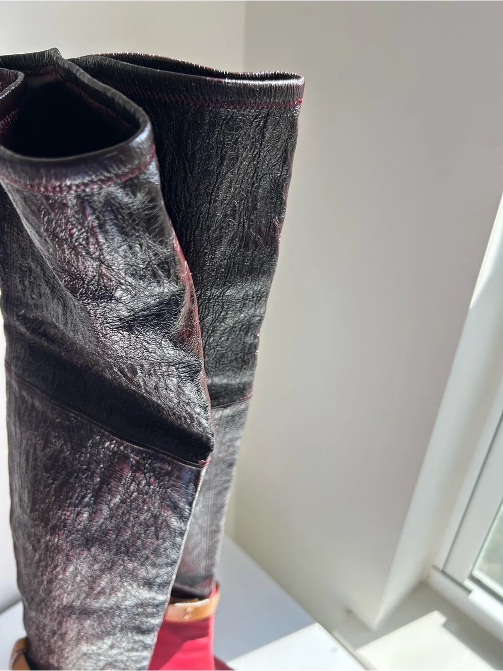 Stuart Weitzman Red Brown Patent Leather Belted Knee-High Boots
